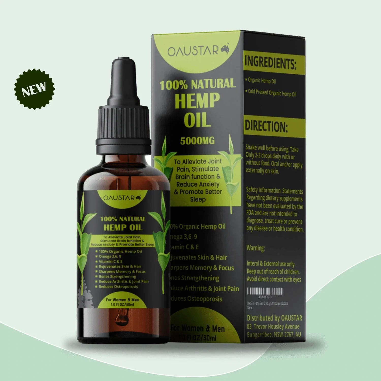 Oaustar Hemp Oil for Joints, Muscles, Knee & Back Pain + Better Sleep 30ml