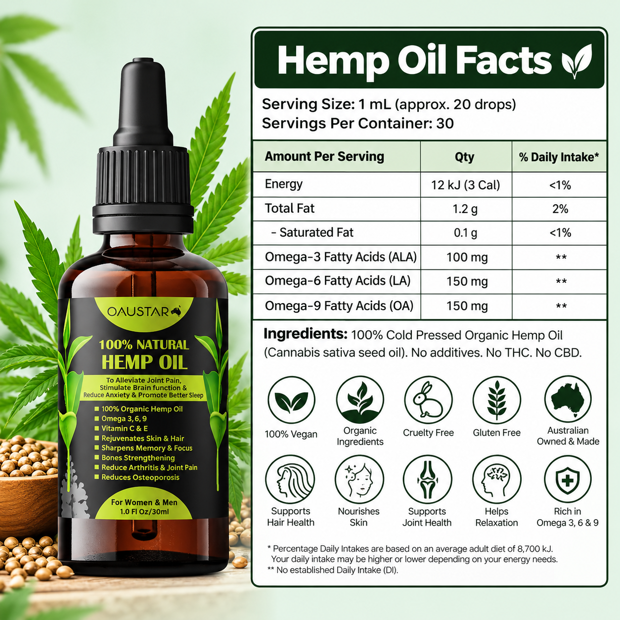 OAUSTAR 5000mg Hemp Oil 30ml bottle with ingredients and product information chart.