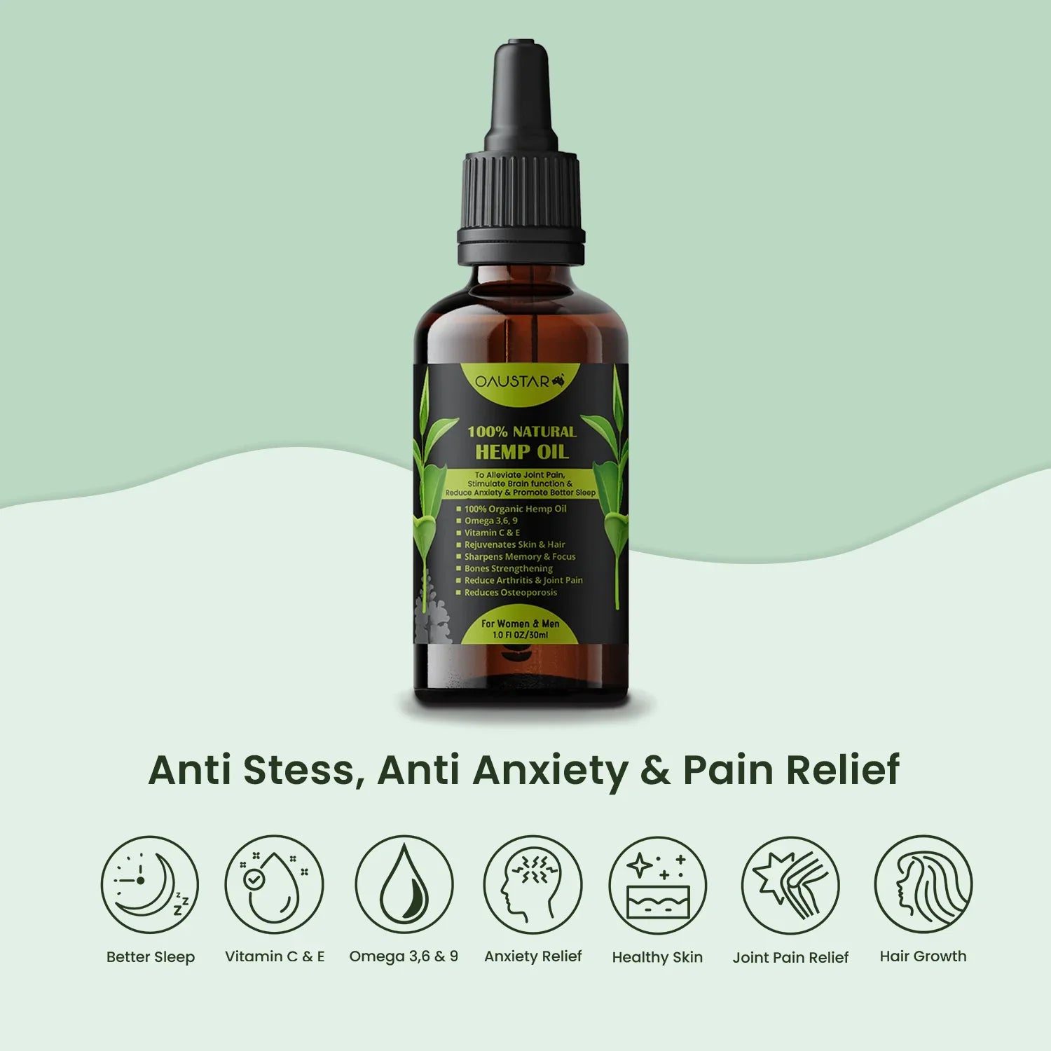 Oaustar Hemp Oil for Joints, Muscles, Knee & Back Pain + Better Sleep 30ml
