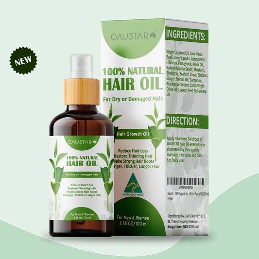 Oaustar hair oil bottle and packaging on a light green background