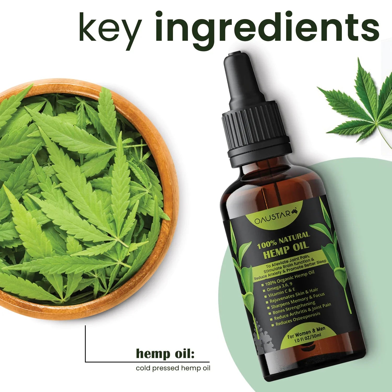 Oaustar Hemp Oil for Joints, Muscles, Knee & Back Pain + Better Sleep 30ml