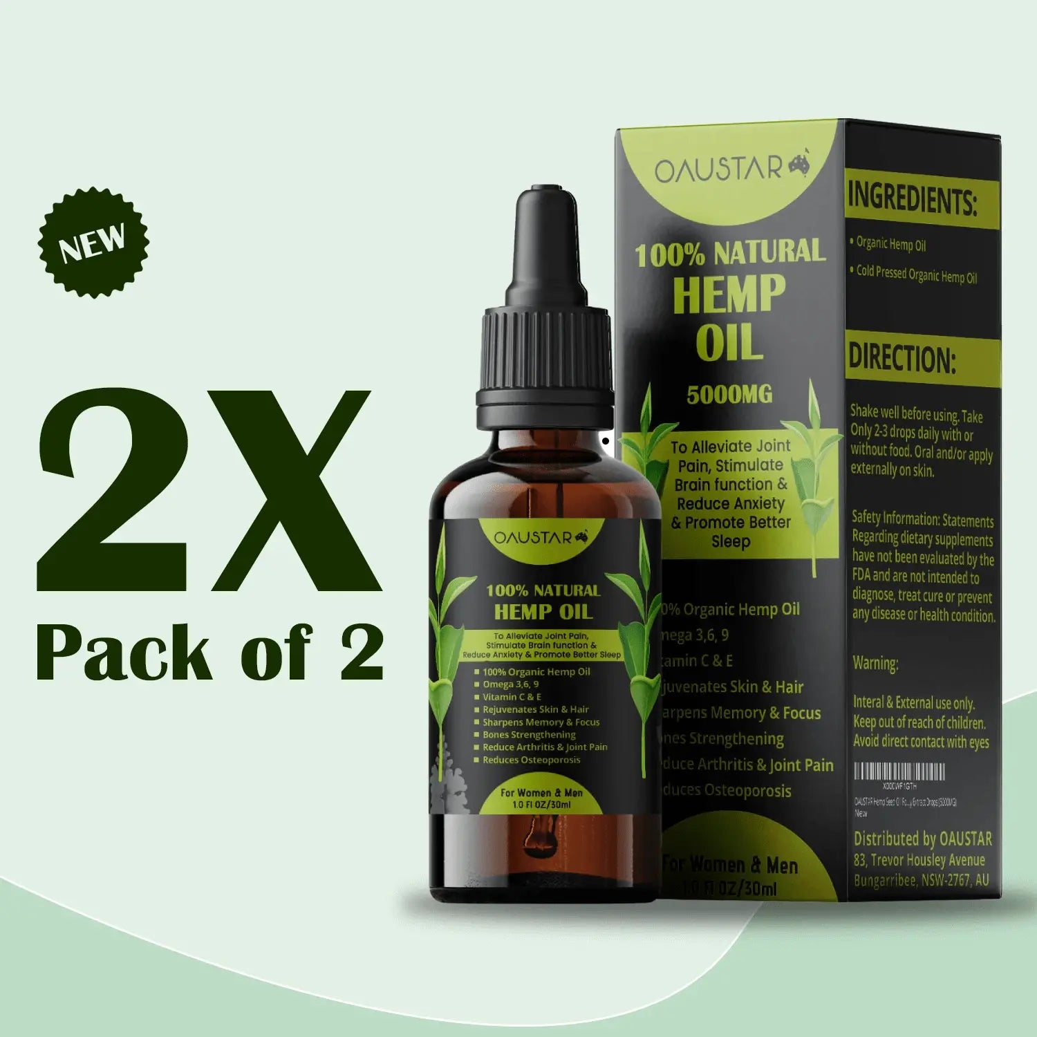 Oaustar Hemp Oil for Joints, Muscles, Knee & Back Pain + Better Sleep 30ml