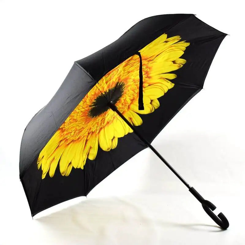Yellow inside-out reverse umbrella from My Store, designed for all seasons, with ergonomic handle and waterproof canopy.