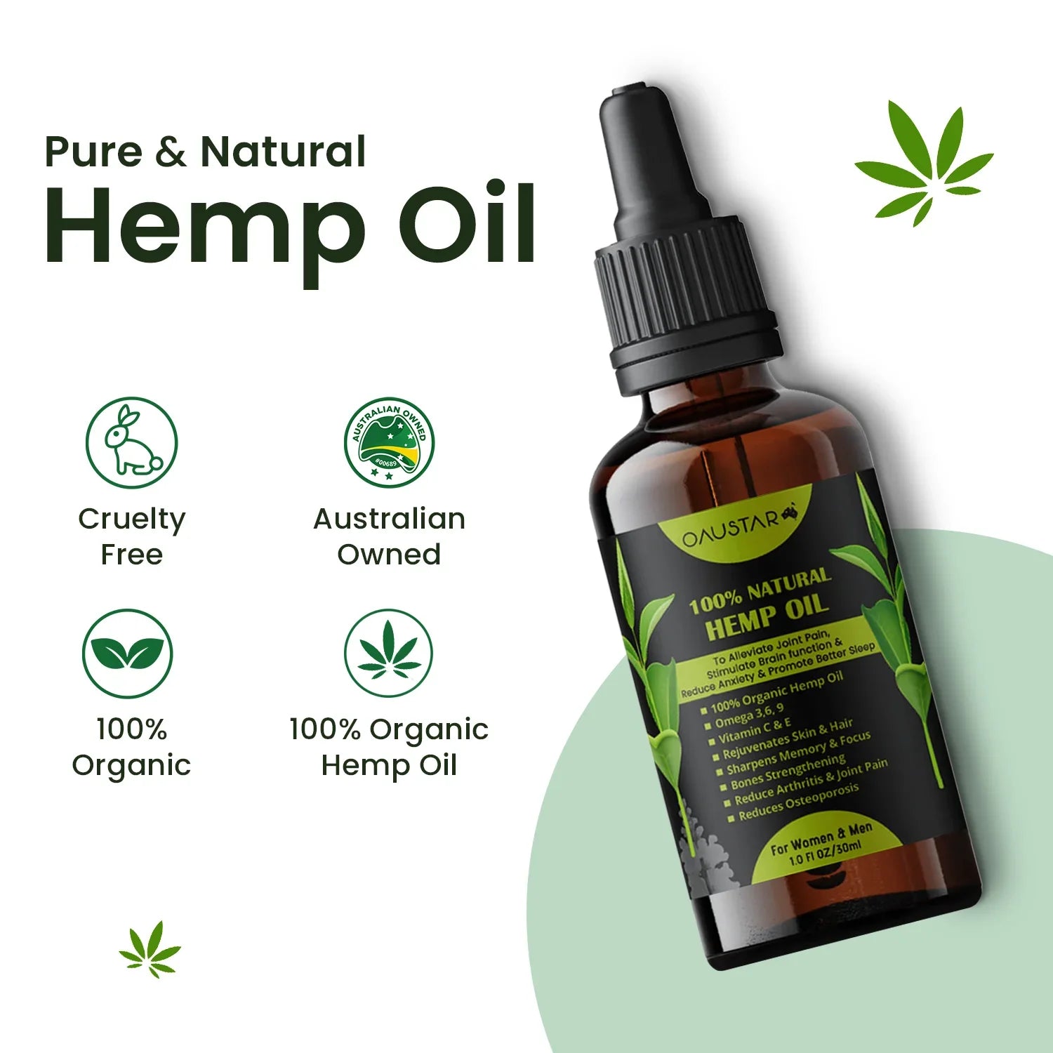 Oaustar Hemp Oil for Joints, Muscles, Knee & Back Pain + Better Sleep 30ml