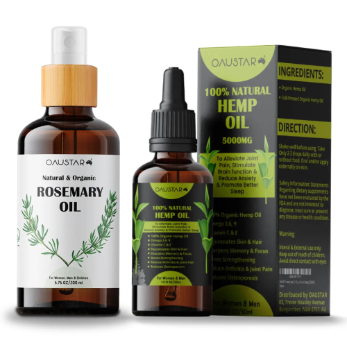 Hemp Oil & Rosemary Oil Combo Pack | for Hair Growth Oil, Pain Relief, Better Sleep, Anti-Anxiety, Knee, Back Pain (30ml & 200ml)